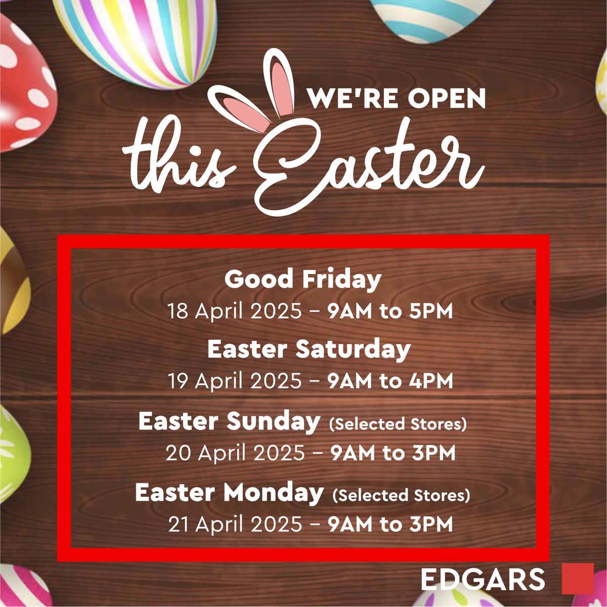 Make time for style this Easter!
From Good Friday to Easter Monday  you can shop when you want. Selected Edgars stores are open — don’t miss out.Own Your Look. Own the Weekend.
#Edgars #EasterStyle #OwnYourLook