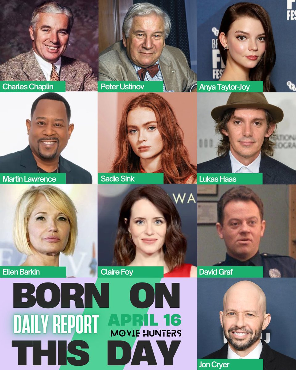 moviehunters01's tweet photo. Born on this day 🎁 April 16
Daily Report 📣 by moviehunters01

Charles Chaplin
Peter Ustinov
Anya Taylor-Joy
Martin Lawrence
Sadie Sink
Lukas Haas
Ellen Barkin
Claire Foy
David Graf
Jon Cryer

#april16 #16april #dailyreport #bornonthisday #famousbirthdays #moviehunters01 https://t.co/oZFamWipnI