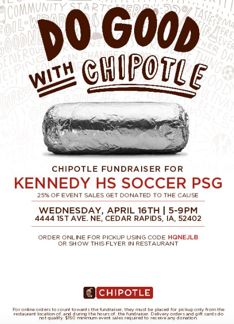 Pass the word to family and friends and even our friends who go to other schools- tonight is the night!!

Fundraiser for Your Kennedy Cougars at Chipotle at Lindale from 5pm to 9pm.

Don't make Mom or Dad cook on such a nice night- get out and support your Cougs!