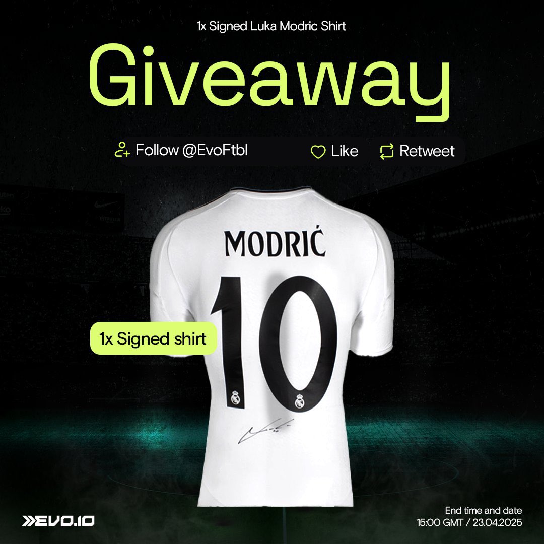 🚨 HUGE GIVEAWAY! We have teamed up with @EvoFtbl for a signed Luka Modrić shirt! To enter:
 
• FOLLOW @EvoFtbl 
• LIKE &amp; RETWEET