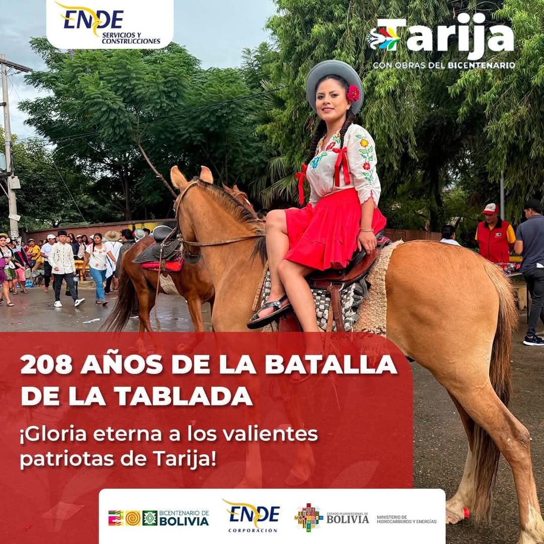 #15deAbril | Batalla de la Tablada 🇧🇴 
Desde ENDE Servicios y Construcciones rendimos homenaje al coraje del pueblo de Tarija
⚔️ Símbolo de lucha y libertad en nuestra historia
¡Honor y gloria al valiente pueblo chapaco!

#Tarija #BatallaDeLaTablada
#JuntosRumboAlBicentenario