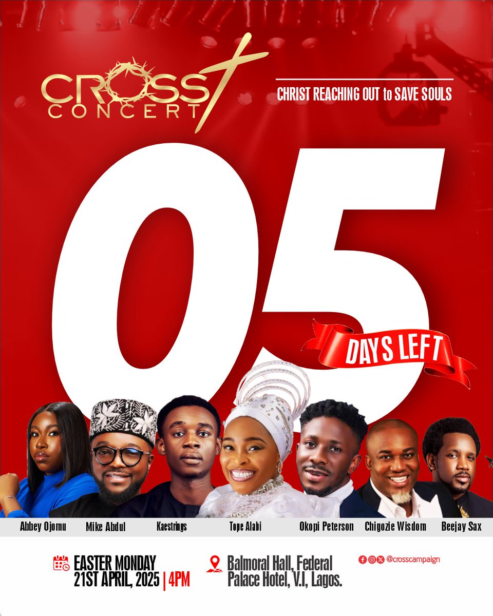5 days to go!!!

This isn’t just a concert — it’s a movement, a revival, a call to deeper places in God.

Get ready to encounter something greater!

#ILoveTheCross