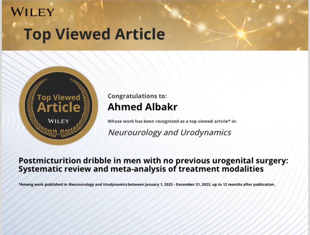 Ahmed Albakr (@ahmedalbakr) on Twitter photo Honored that our systematic review and meta-analysis on postmicturition dribble in men was recognized as a top-viewed article in <a href="/NeurourolUrodyn/">Neurourol Urodyn</a>. Grateful to my co-authors and the journal for highlighting this important topic in male LUTS. <a href="/HebaMogahed/">heba mogahed</a> <a href="/MmahdiUro/">Mohammed Mahdi</a> <a href="/MeSexualHealth/">MESSM - Middle East Society For Sexual Medicine</a> Honored that our systematic review and meta-analysis on postmicturition dribble in men was recognized as a top-viewed article in <a href="/NeurourolUrodyn/">Neurourol Urodyn</a>. Grateful to my co-authors and the journal for highlighting this important topic in male LUTS. <a href="/HebaMogahed/">heba mogahed</a> <a href="/MmahdiUro/">Mohammed Mahdi</a> <a href="/MeSexualHealth/">MESSM - Middle East Society For Sexual Medicine</a>