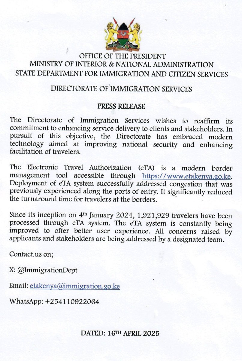 Press release on Kenya's ETA