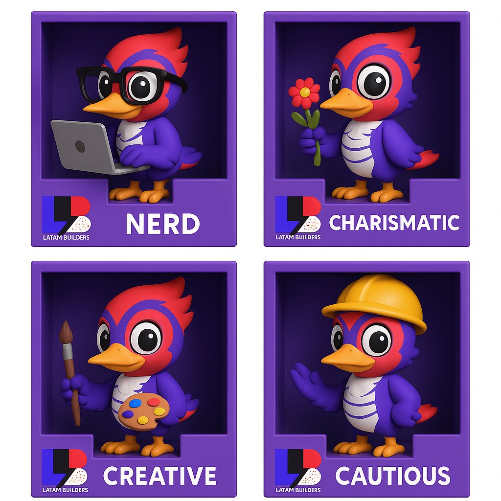 Latambuilders's tweet photo. #Bildi 🐦 no es solo una mascota, es uno de nosotros. A veces nerd, a veces carismático, creativo, cauteloso, o todo a la vez.
¿Con cuál versión de builder te identificas 👀?
#LATAMbuilders https://t.co/qojmrKz0cL