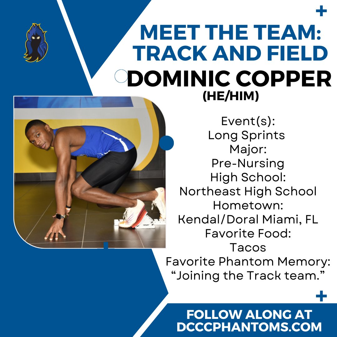 It’s time to meet the team! 🏃‍♂️ Dominic Copper is a first-year athlete for the Phantoms this year. He is a Pre-Nursing major here at the College. He is from Kendal/Doral Miami, FL and went to Northeast High School.