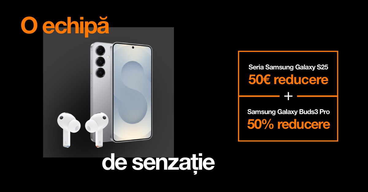Descoperă o echipă de senzație și profită de oferta specială! 😎 Ai 50 euro reducere pentru orice Samsung Galaxy din seria S25 cumpărat împreună cu căști Samsung Galaxy Buds3 Pro, pentru care primești 50% reducere. Detalii pe 👉oran.ge/SamsungGalaxy_…