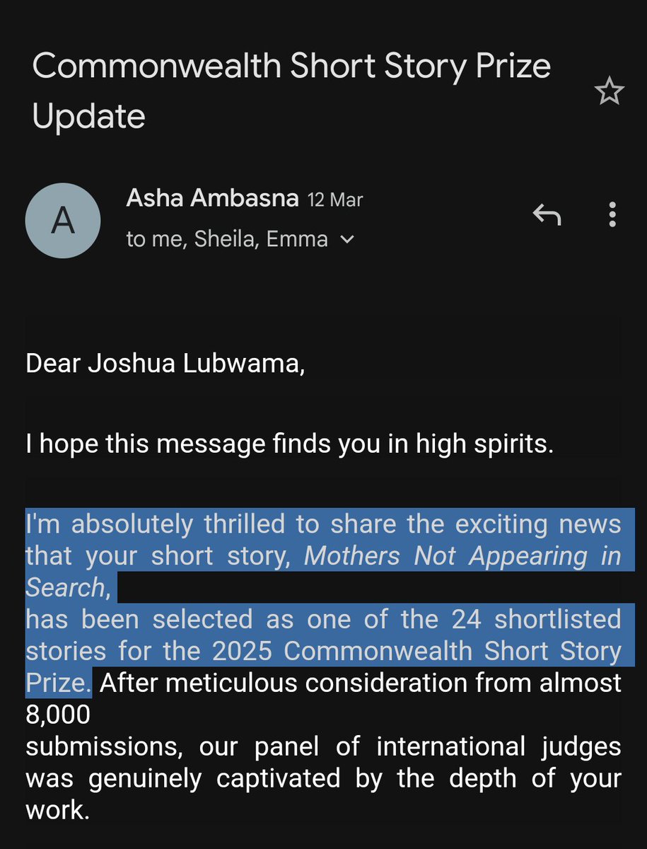 It does get better, doesn't it?

2023: Rejection
2024: Longlisted
2025: Shortlisted

Commonwealth Short Story Prize
#CWprize

<a href="/cdmuhumuza/">Charlie</a> I hope you're proud.
<a href="/BukeAbduba/">Dr. Buke Abduba</a> I thought I had to wait longer.
<a href="/remythequill/">Rémy Ngamije</a> you probably hear this everywhere, but I'm your biggest fan.