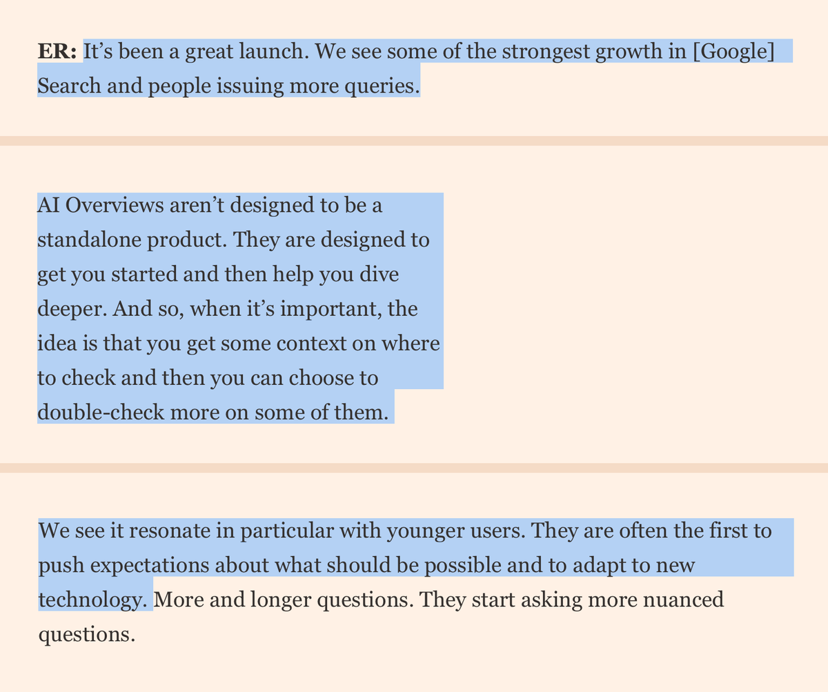 Goog_Enough's tweet photo. The head of Google Search says AIOs are:
- Great because they led to more queries/growth for Google. TOO BAD THEY SUCK FOR EVERYONE ELSE.
- Loved by young people. BUT THEY'RE USING GOOGLE THE LEAST.
- Should be double-checked. BUT THAT'S NOT HOW THEY'RE BEING USED.
Goog Enough https://t.co/Iflmos8TJE