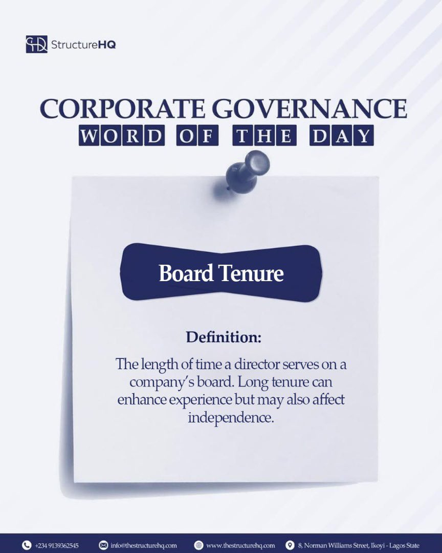thestructurehq's tweet photo. How long is too long to serve on a board?

Experience is great, but independence matters too. Learn from today’s Corporate Governance Word of the Day.

Let’s build smarter boards, together.

#corporategovernance #boardtenure #StructureHQ https://t.co/UFrYgbjFoB