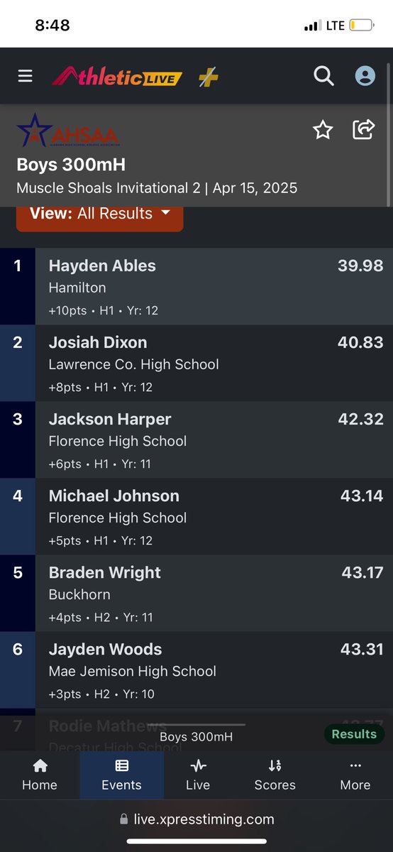 Jayden10Woods's tweet image. Had a great meet yesterday with a pr on 300mH- 43.31 and also a pr in the 400 with a 54.71!