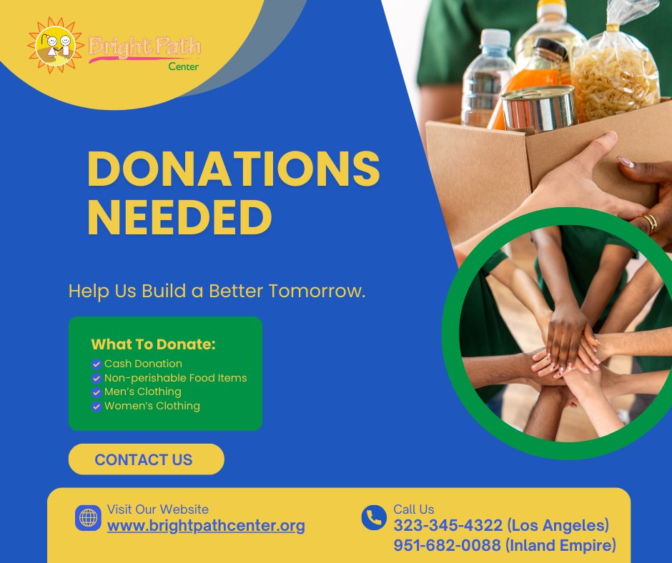 BrightPathNPO's tweet photo. Make a difference today by supporting at-risk individuals in the Inland Empire and LA. Donate money, food, or clothes to help provide essentials. Visit https://t.co/g2I85hR4a4 or call 951-682-0088/323-345-4322. Together, we can change lives! #DonateToday 🌍❤️ https://t.co/kYiusMaBgN