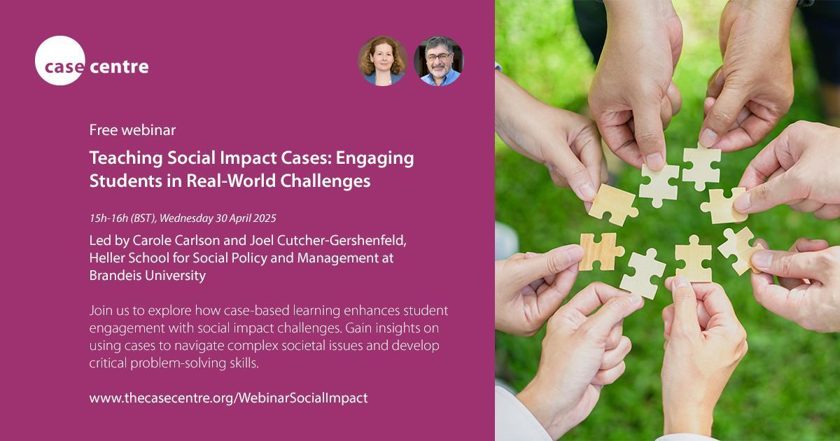 The Case Centre (@thecasecentre) on Twitter photo 💻 Webinar: Teaching Social Impact Cases 💻
Join expert faculty from <a href="/TheHellerSchool/">The Heller School</a> for Social Policy and Management at Brandeis University for an engaging discussion on using case-based learning to explore social impact challenges.
👉 thecasecentre.org/WebinarSocialI…
#casewebinar 💻 Webinar: Teaching Social Impact Cases 💻
Join expert faculty from <a href="/TheHellerSchool/">The Heller School</a> for Social Policy and Management at Brandeis University for an engaging discussion on using case-based learning to explore social impact challenges.
👉 thecasecentre.org/WebinarSocialI…
#casewebinar