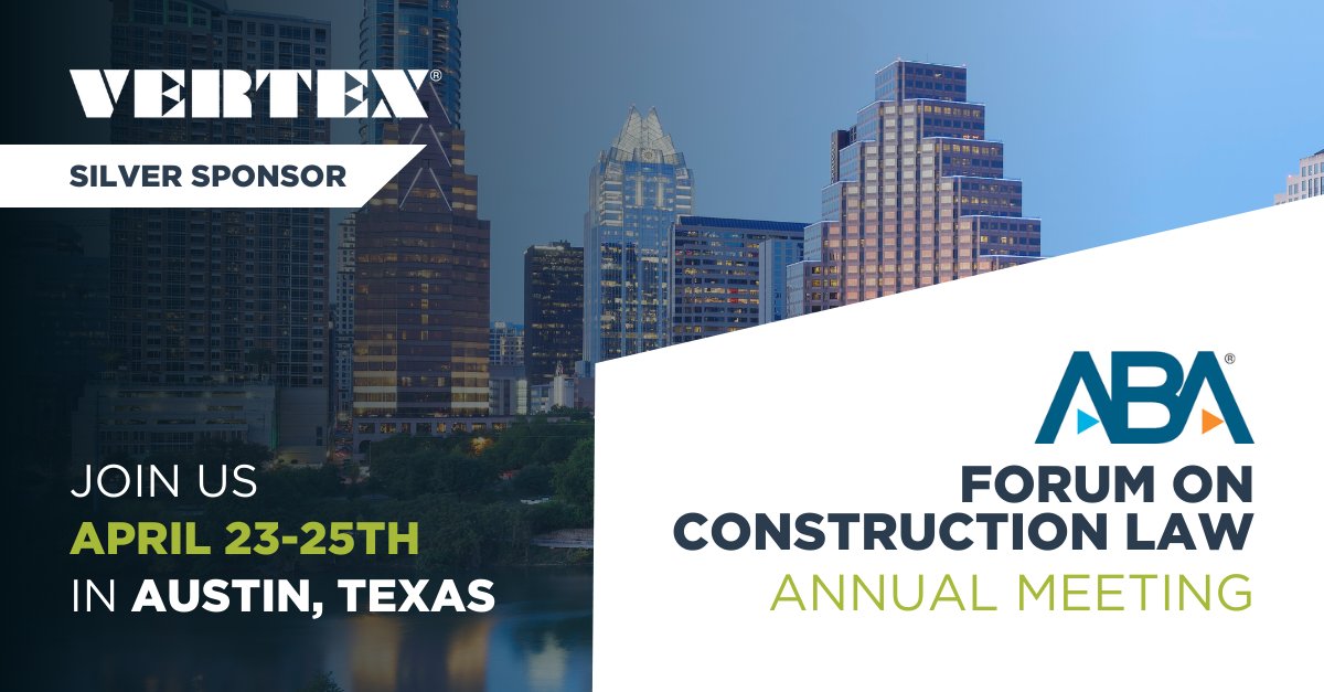 VERTEX411's tweet image. VERTEX is proud to sponsor the @ABAConstruction's 2025 Annual Meeting, April 23–25 in Austin. If you're attending, stop by our booth to connect with the team and learn more about our expert services.

Learn more: bit.ly/3G7KwrA

#ConstructionLaw #VertexEng