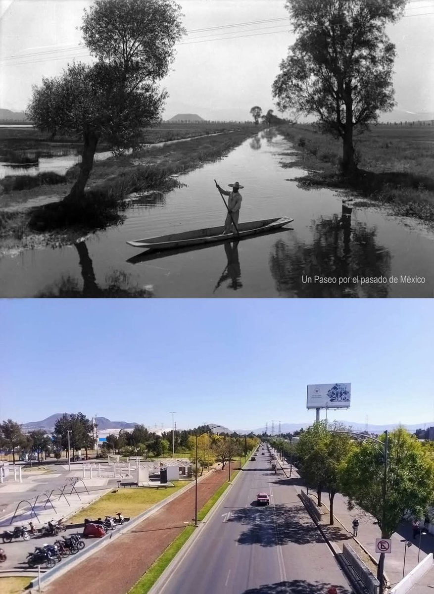 El Canal de San Juan, que unía las aguas del lago de Xochimilco con las de Texcoco, en Iztapalapa. 
Se aprecian el canal en dirección hacia la Sierra de Santa Catarina. 
Abajo como luce actualmente.