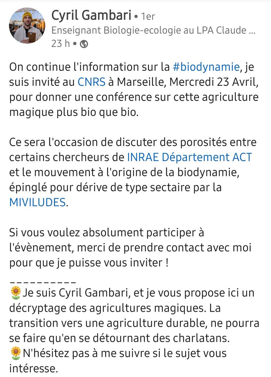 latresse1113's tweet photo. Le mercredi 23 avril @Cyril_dgnr est invité au #cnrs à #marseille pour donner une conférence sur l'agriculture #biodynamique
Si vous souhaitez participer contactez Cyril il se fera un plaisir de vous y inviter. 👇 https://t.co/PLnENo1ER7
