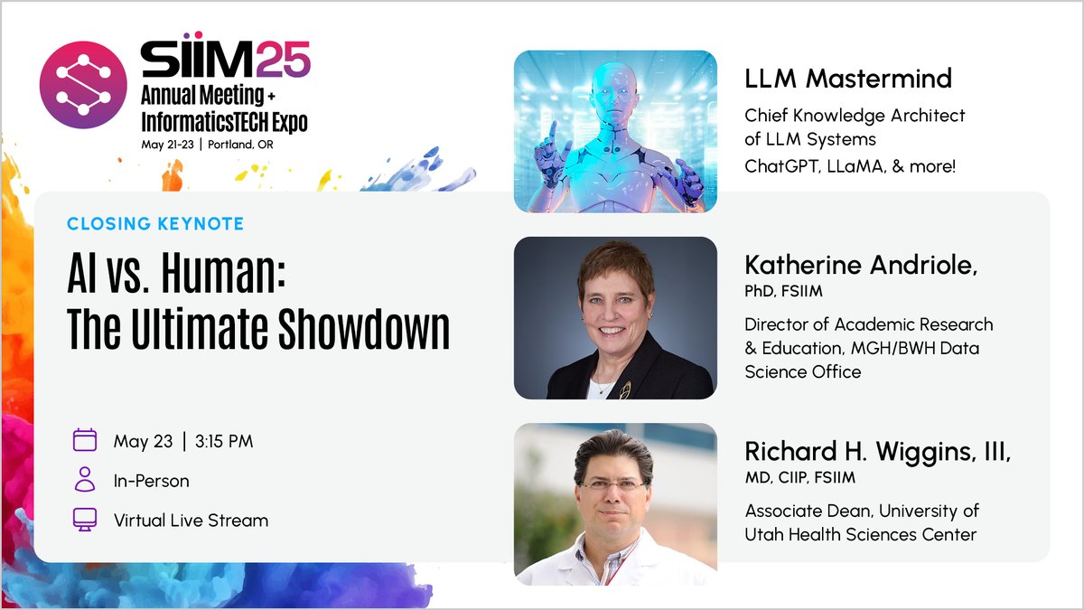 SIIM (@siim_tweets) on Twitter photo Witness the ultimate showdown between #AI and humans during the closing session of #SIIM25! Join <a href="/KathyAndriole/">Kathy Andriole</a>, <a href="/rhwiggins/">Richard Wiggins</a>, and LLM Mastermind for an interactive, game-show-style keynote you won't want to miss!
#NewHeights
Learn More | annualmeeting.siim.org/program/genera…
Register | Witness the ultimate showdown between #AI and humans during the closing session of #SIIM25! Join <a href="/KathyAndriole/">Kathy Andriole</a>, <a href="/rhwiggins/">Richard Wiggins</a>, and LLM Mastermind for an interactive, game-show-style keynote you won't want to miss!
#NewHeights
Learn More | annualmeeting.siim.org/program/genera…
Register |