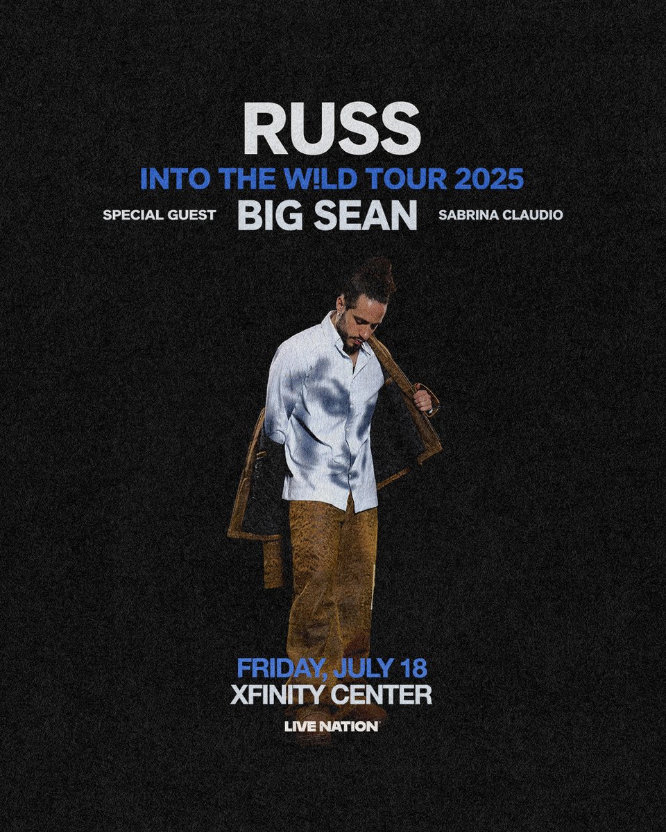 GET EARLY ACCESS! Presale is happening now for <a href="/russdiemon/">RUSS</a> "Into The W!LD Tour" with <a href="/BigSean/">Sean Don</a> &amp; Sabrina Claudio at Xfinity Center on Friday, July 18! Use code: DANCE for tickets. 🥂

▶️ General public on sale Friday at 10am
🔗 livemu.sc/3G9UfxA