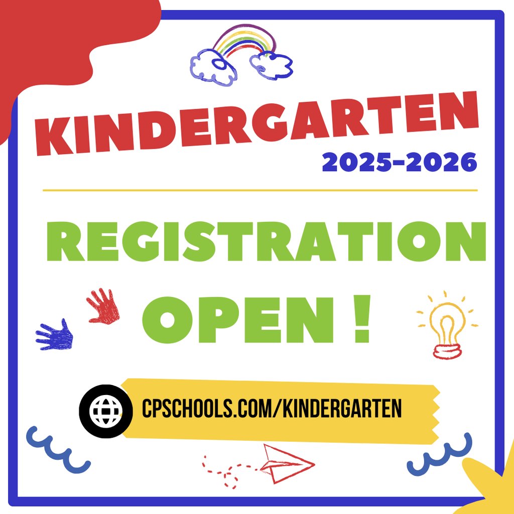 📣 Kindergarten Registration for 2025–2026 is OPEN!

✏️ Register now: cpschools.com/kindergarten

🎥 Watch the Readiness Webinar: youtu.be/kQnpLPCAbm0

We can't wait to meet the Class of 2038! 🍎✨