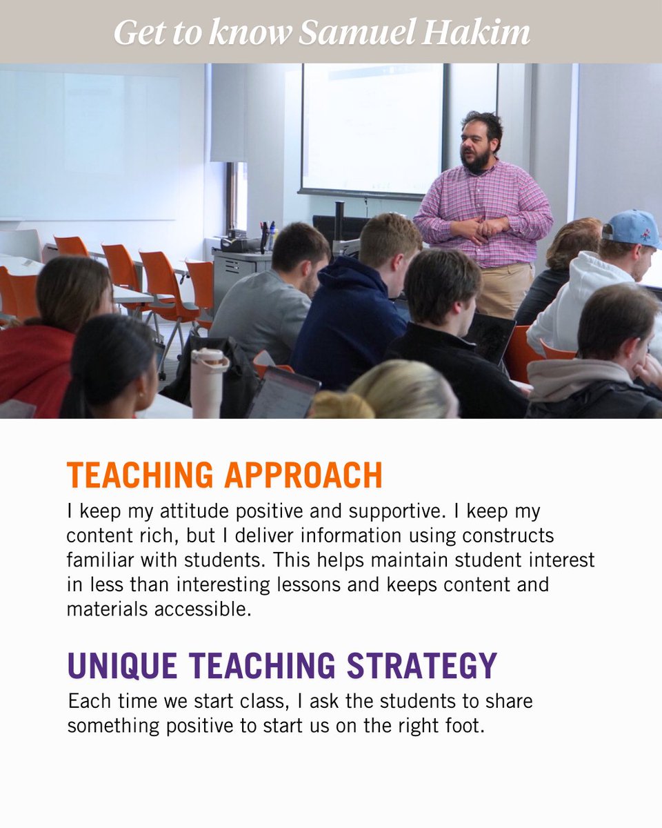 Clemson CBSHS (@clemsoncbshs) on Twitter photo Meet our newest faculty feature, <a href="/ClemsonCOMM/">CU Dept. of Comm</a> lecturer Samuel Hakim! His top teaching tip: to get more out of your students, start by getting to know them. Hakim emphasizes the importance of being present with his students during his lectures. Meet our newest faculty feature, <a href="/ClemsonCOMM/">CU Dept. of Comm</a> lecturer Samuel Hakim! His top teaching tip: to get more out of your students, start by getting to know them. Hakim emphasizes the importance of being present with his students during his lectures.