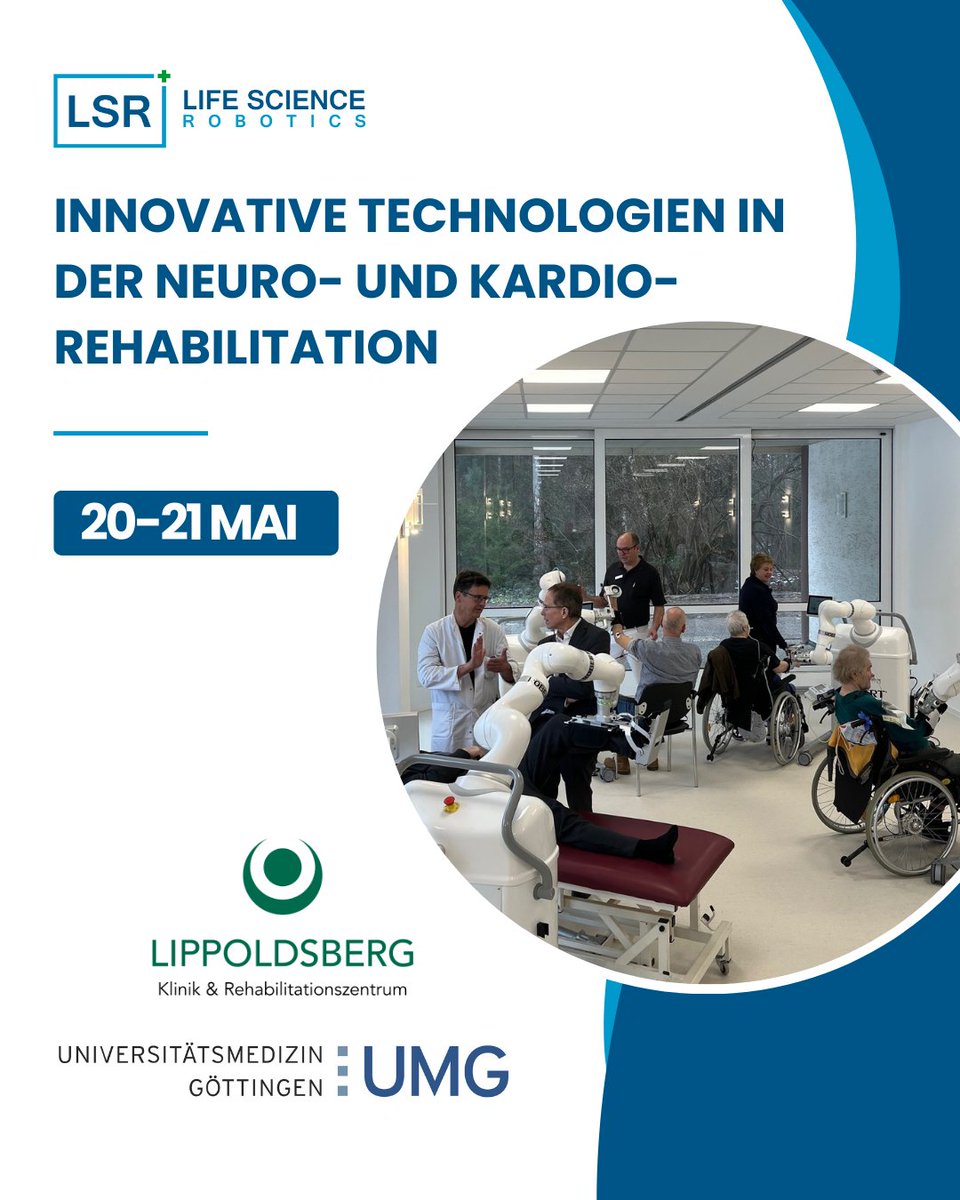 Life Science Robotics (@lsr_robotics) on Twitter photo Besuchen Sie das Symposium für Innovative Technologien in der Neuro- und Kardio-Rehabilitation in Lippoldsberg!🇩🇪
📍 Waldcampus, Lippoldsberg
📅 20.–21. Mai
📧 Für die Anmeldung kontaktieren Sie bitte: claudia.pein@klinik-lippoldsberg.de Besuchen Sie das Symposium für Innovative Technologien in der Neuro- und Kardio-Rehabilitation in Lippoldsberg!🇩🇪
📍 Waldcampus, Lippoldsberg
📅 20.–21. Mai
📧 Für die Anmeldung kontaktieren Sie bitte: claudia.pein@klinik-lippoldsberg.de