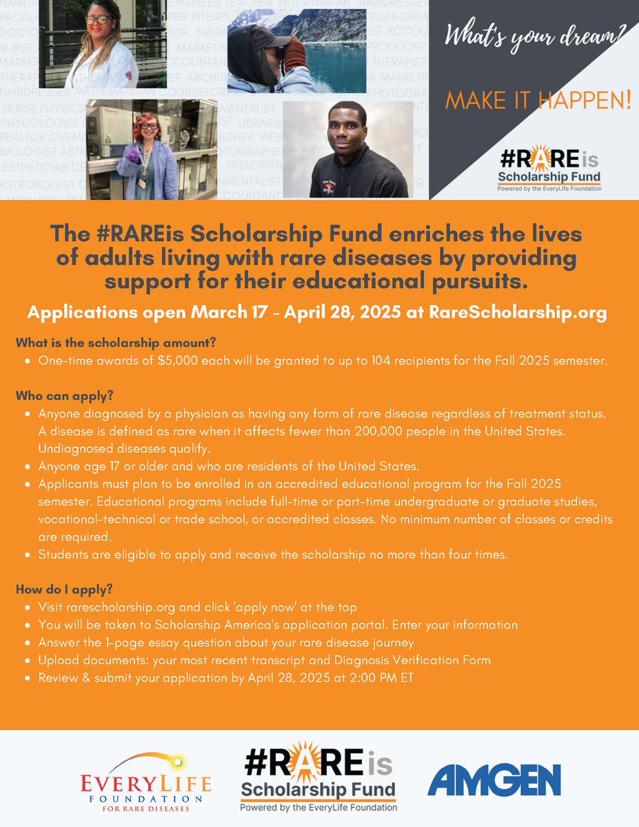 Info4PI's tweet photo. 📢 The EveryLife Foundation for Rare Diseases has opened applications for the #RAREis Scholarship Fund, providing up to 104 scholarships of $5,000 each to help young adults with rare diseases pursue their education and dreams. 🎓💙If you or someone you know is living with a rare disease like PI, and planning to enroll in an accredited course for Fall 2025, apply today! Applications are open until April 28: https://t.co/msXDYUIEEJ 🌍✨