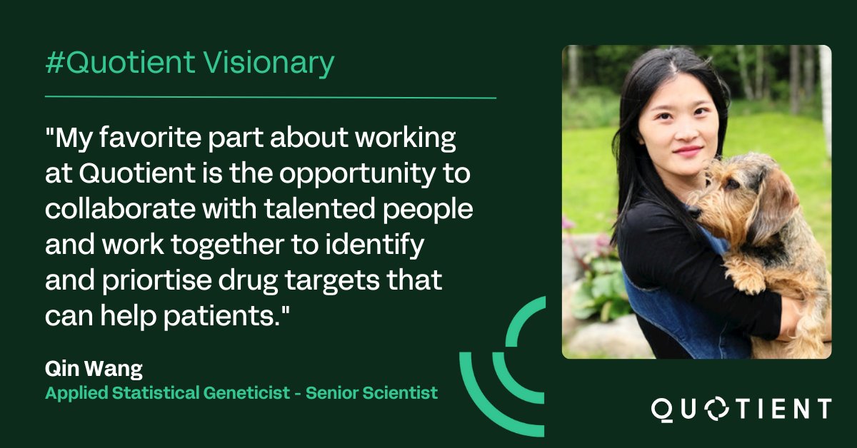 At Quotient, we’re proud to have such a talented team! Qin Wang brings her passion for collaboration to the team in her work as an Applied Statistical Geneticist focused on using #SomaticGenomic insights to identify priority drug targets for development. #QuotientVisionary