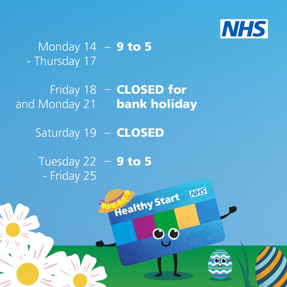 Here are our opening times over the Easter break if you need to get in touch with us. 🐰

healthystart.nhs.uk/contact-us/