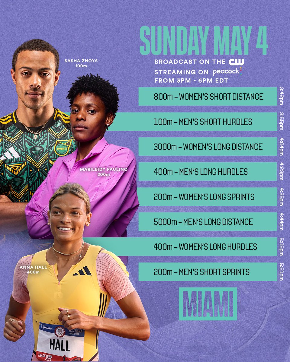 GrandSlamTrack's tweet image. 🔥 The full Miami Slam Timetable is HERE 🔥
From 100-meter scorchers to 5K heartbreakers—three days of sun, speed, and storyline overload.
This isn’t just a track meet—it’s a weekend-long sprint saga.
🎟️ Be there. Feel it. Live it. Tickets on sale now at…