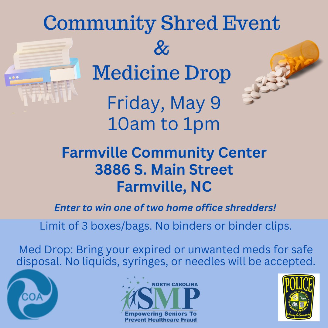 PittCOA's tweet image. Remember, shredding personal papers helps prevent identity theft and Medicare fraud while safely disposing of unwanted or expired medicines helps protect the community!
#SpringCleaning #IdentityTheftProtection #SeniorWellness #CommunityEvent