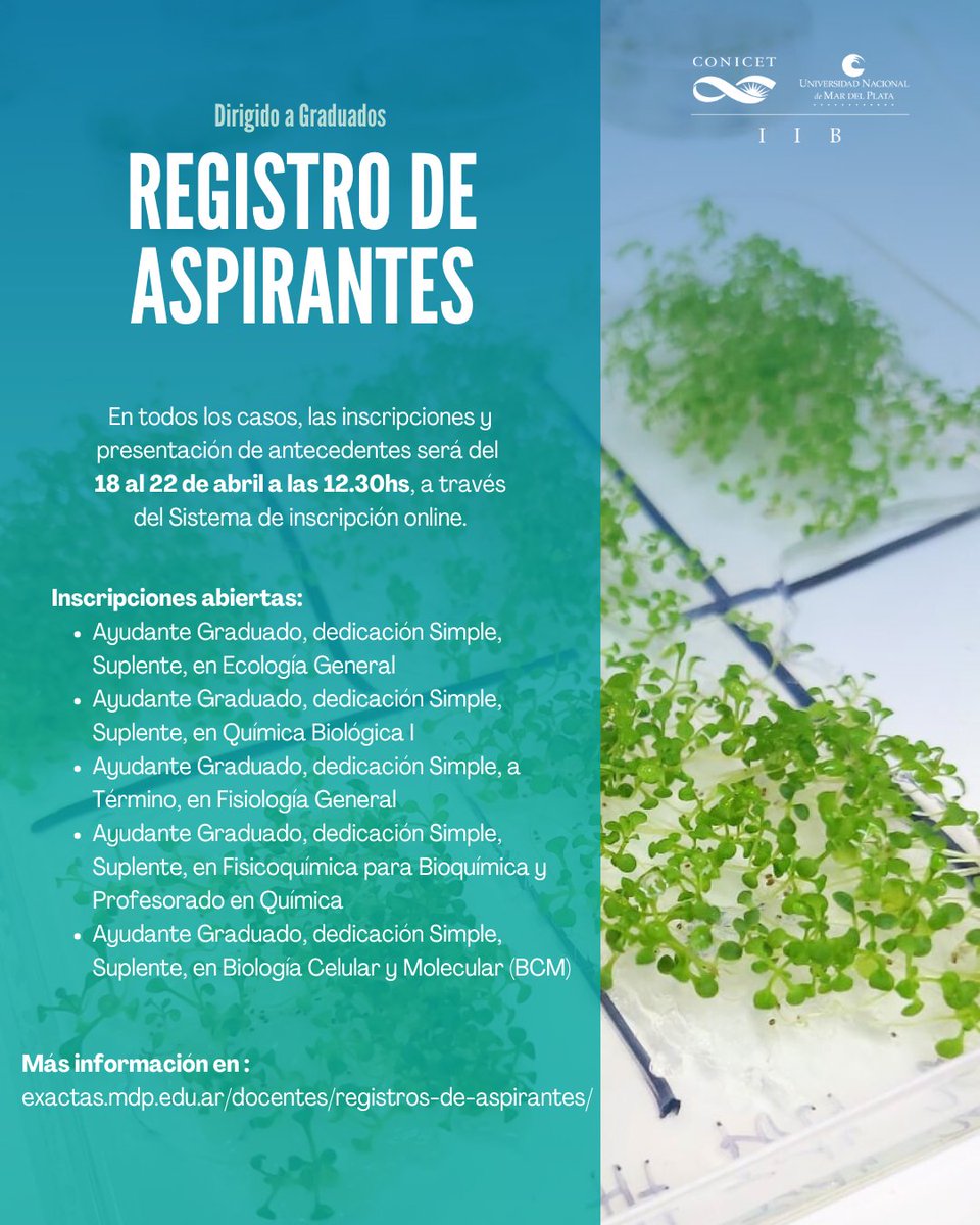 A partir del 18 de abril se encontrarán abiertas las inscripciones para los Registros de Aspirantes 2025. En todos los casos, las inscripciones y presentación de antecedentes hasta el 22 de abril a las 12.30hs, a través de exactas.mdp.edu.ar/docentes/regis…