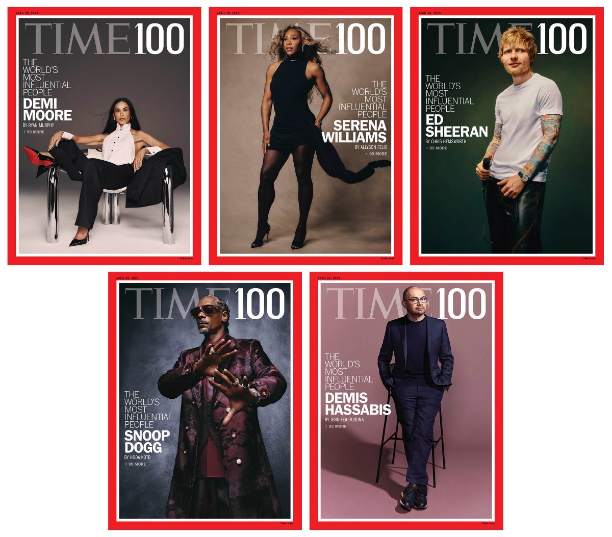 jsibo's tweet photo. Today @TIME reveals the 2025 TIME100 list of the 100 Most Influential People in the World! The highly anticipated issue of @TIME features five covers accompanied by in-depth interviews with @justdemi, @SnoopDogg, @serenawilliams, @edsheeran, and @demishassabis.

Explore the full list here: https://t.co/gUyzGeyohU, which includes surprising pairings of the list members and the guest contributors @TIME selects to write about them, including @shondarhimes on Ted Sarandos, Will Ferrell on Lorne Michaels, @Aly_Raisman on @Simone_Biles, Gloria Steinem on Gisèle Pelicot, @NoahKahan on @Hozier and many more.

Thank you to team @TIME for bringing this list to life, including @sampjacobs, Kelly Conniff, @dmacsai, @CateMatthews, D.W. Pine, @Lucy_Feldman, @seanmgregory, @billyperrigo, @andrewrchow, and @luscombeland.

We are thrilled to convene the newest members of the TIME100 community for a day of conversation at the TIME100 Summit and for our annual TIME100 Gala set to be hosted by @SnoopDogg with special musical performances from @edsheeran and Myles Smith, which we will once again bring viewers inside with a primetime special on @ABCNetwork airing May 4. We’re proud at @TIME to bring these extraordinary events to life with our partners at @bookingcom, @circle, @DiriyahCo, @Prudential, @Toyota, @absolutvodka, @amazon, @pfizer, and @xprize.