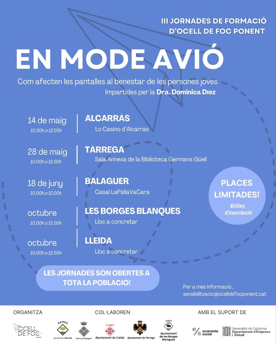 📵 EN MODE AVIÓ: Com afecten les pantalles al benestar de les persones joves?

Ja tenim aquí el cartell de les III Jornades de Formació!

Aquest any parlem de pantalles i benestar emocional juvenil amb la Dra Dominica Díez Marcet📱

... i obrim les jornades a tothom! 💥