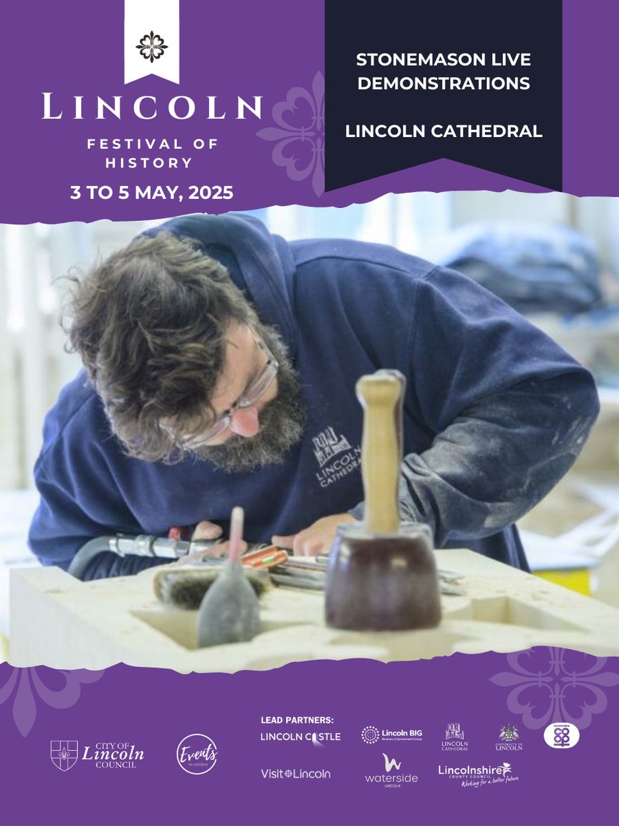 On 3 to 5 May at @lincscathedral, watch live stonemasonry carving demonstrations running throughout each day, from 11am to 5pm. Talk to dedicated stonemasons about the techniques used to create a stone for the magnificent building as part of the Festival of History 2025. #Lincoln