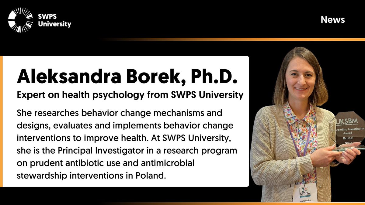 SWPS University (@swpsuniversity) on Twitter photo Dr. Aleksandra Borek from #SWPSUniversity’s Institute of Psychology has received <a href="/UKSBM/">UK Society for Behavioural Medicine</a> Outstanding Investigator Award. This prestigious award recognizes a remarkable contribution by a researcher to the science of behavioral medicine. Congratulations!
👉bit.ly/44udlbI Dr. Aleksandra Borek from #SWPSUniversity’s Institute of Psychology has received <a href="/UKSBM/">UK Society for Behavioural Medicine</a> Outstanding Investigator Award. This prestigious award recognizes a remarkable contribution by a researcher to the science of behavioral medicine. Congratulations!
👉bit.ly/44udlbI