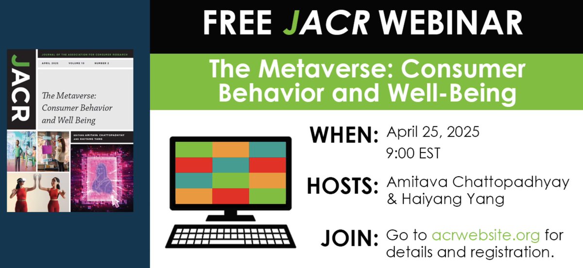 Interested in the metaverse and its intersection with marketing? Then you should join the upcoming JACR webinar on April 25 @9am EST hosted by Amitava Chattopadhya &amp; Haiyang Yang! For more info, visit acrwebsite.org! 👾💻