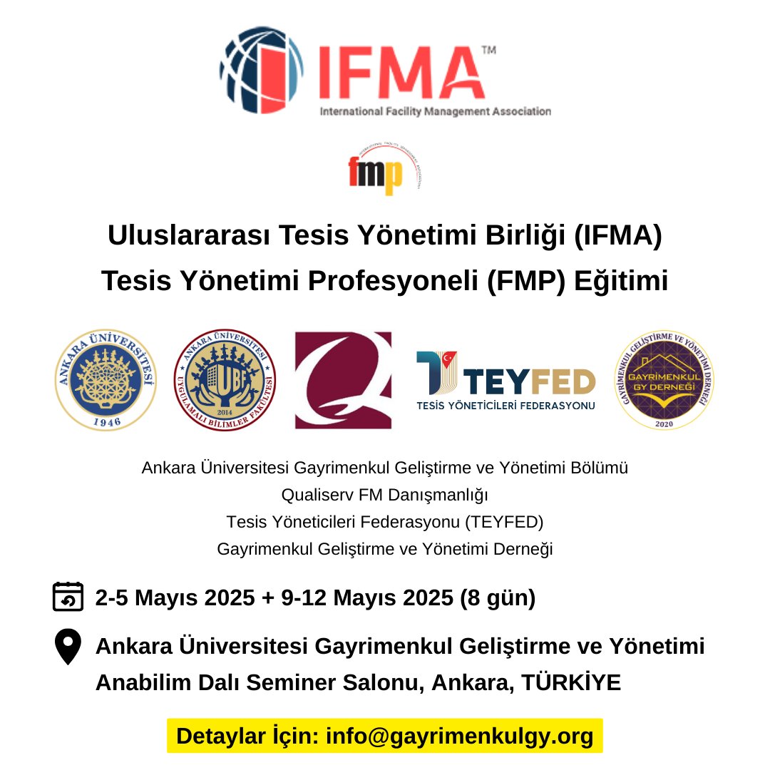 🚀<a href="/AnkaraUni/">Ankara Üniversitesi</a> Gayrimenkul Geliştirme ve Yönetimi Bölümü, QualiServ Facility Management, <a href="/Tey_Fed/">Tesis Yöneticileri Federasyonu -TEYFED</a> ve Gayrimenkul GY Derneği iş birliğiyle Türkiye'de ilk kez <a href="/IFMA/">IFMA</a> Tesis Yönetimi Profesyoneli (FMP) eğitimi sunuluyor: info@gayrimenkulgy.org
<a href="/ysm006/">Prof.Dr. Yeşim Aliefendioğlu</a> <a href="/EuroFM/">EuroFM</a> <a href="/yahyasagirr/">Yahya SAĞIR</a> <a href="/_trfma_/">Tesis Yönetim Derneği, TRFMA</a>