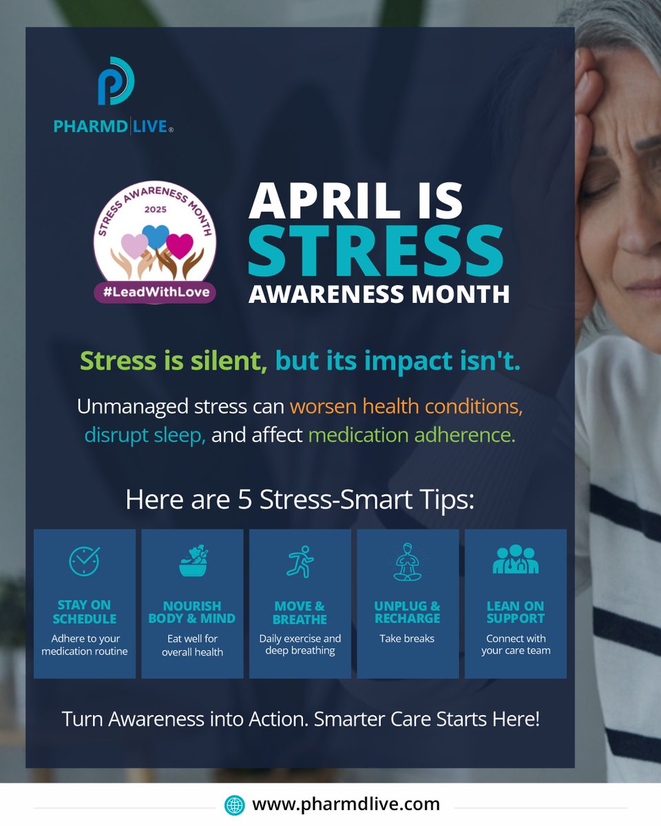 ccnwaubani's tweet photo. 🧠 April is #StressAwarenessMonth
Unmanaged stress worsens chronic conditions &amp; disrupts sleep.

5 Tips from PharmD Live:
💊 Stick to meds
🥦 Eat well
🚶‍♀️ Move + breathe
📵 Unplug
🤝 Lean on your care team

Let’s manage stress together.
🌐 https://t.co/axHUu65hXC
#leadwithlove https://t.co/FzTKpNyUai