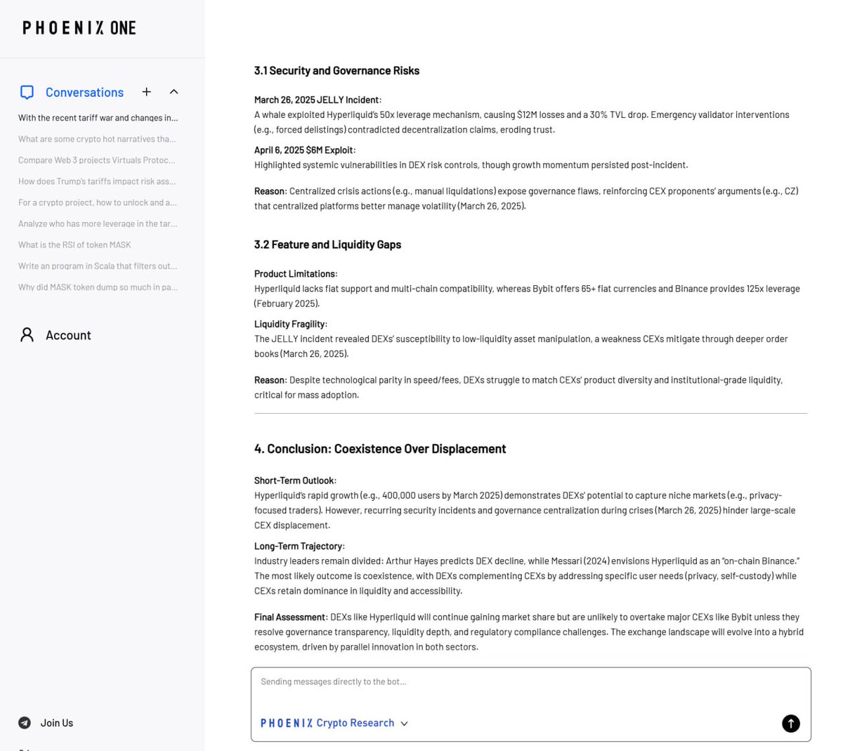 Any latest in-depth crypto topics you need to research? Just ask Phoenix  Crypto Research agent in PhoenixONE and you shall receive a detailed,  structured and real-time analysis. Multi-language support is now available (