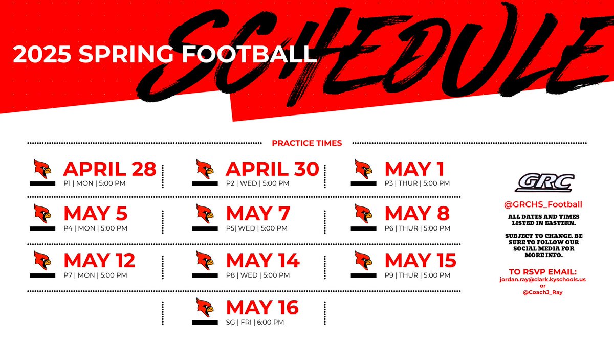 Come by and see us this Spring! 

A lot of TALENT here in Winchester, Kentucky. The phones already burning up with coaches stepping foot on campus🔥

Address:

George Rogers Clark High School
2745 Boonesboro Road Winchester, Ky. 40391 

Practice Dates ⬇️⬇️⬇️

#WeNotMe | #MEN