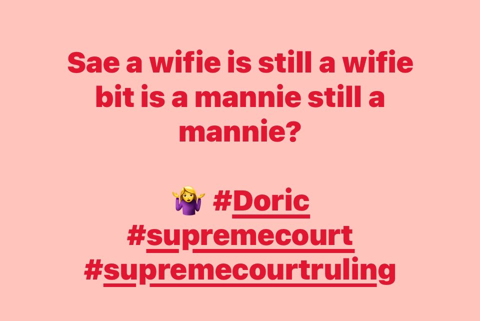 DoricPhrases's tweet image. Sae a wifie is still a wifie bit is a mannie still a mannie?
🤷♀️ #Doric
#supremecourt #supremecourtruling