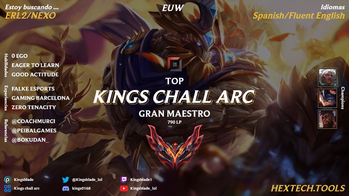 Sigo en contacto con <a href="/FALKE_EC/">Falke Esports</a> pero me gustaría escuchar ofertas para el siguiente Split de Nexo. Estoy interesado sobre todo en el aprendizaje y mejora como jugador. Cualquier cosa estoy pendiente sobre todo a twitter y discord.
Se aprecian RTs y Favs. Muchas gracias.
🍀💪