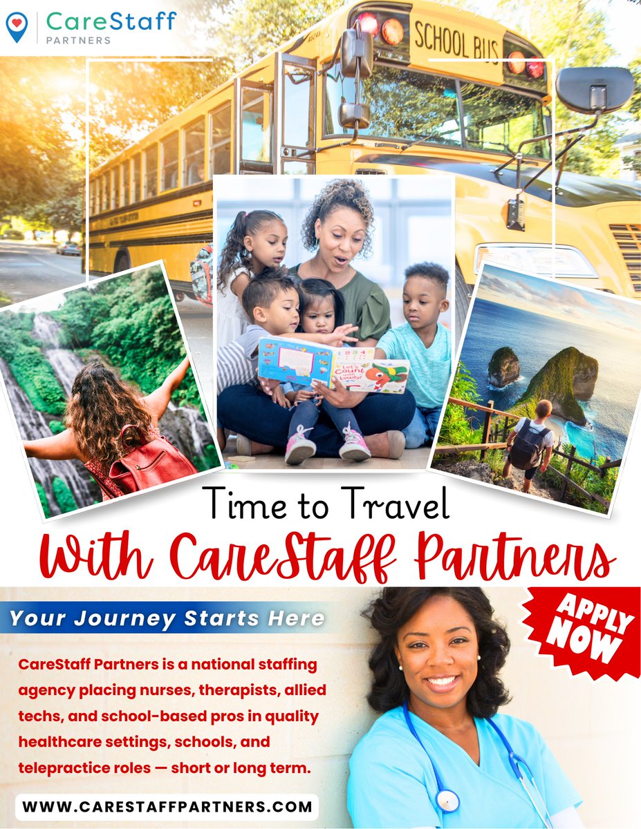 CareStaffCares's tweet photo. It’s YOUR time to travel with CareStaff Partners! 

#TravelWithCareStaff #HealthcareTraveler #SLPTravelJobs #TravelTherapist #TravelNurse #BackToSchoolAssignments #SummerTravelJobs #SpringIntoAdventure #SchoolSLPsOnTheGo #CareStaffPartners #WorkAndWander #TherapyOnTheMove https://t.co/eTIe5rmuNs