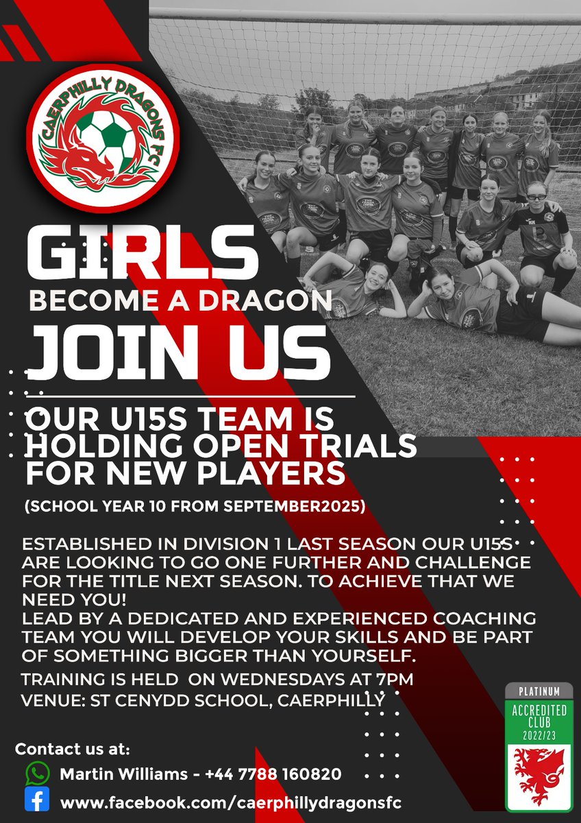 Calling all girls in year 10 (September 2025)!
It may not be long since their season finished, but our next season's U15s are already planning for the future!  Come and be part of something special! #NewEra #Caerphilly #Hergametoo #dragonsonfire #girlsfootball #footballfamily