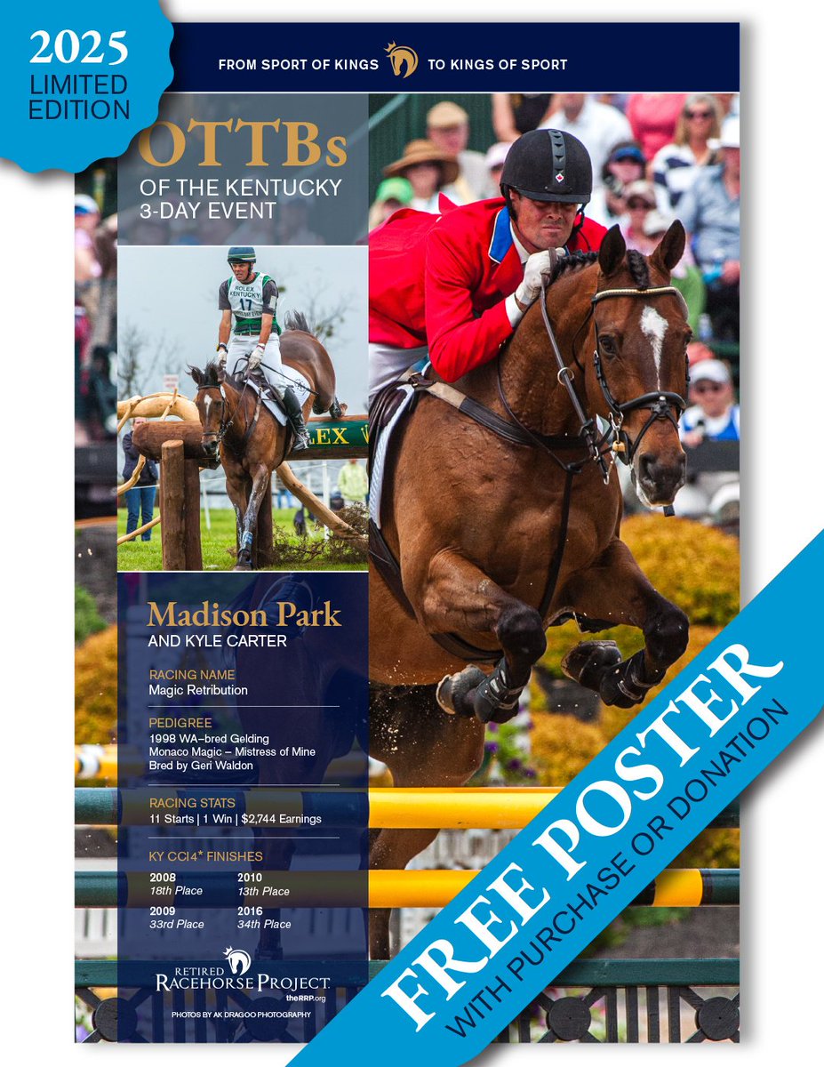 RRP_TBMakeover's tweet photo. We're excited to unveil this year's "Thoroughbreds of the Kentucky Three-Day" poster! This year’s poster features Kyle Carter & Madison Park: FREE with any purchase or donation at our booth at #KY3DE next week.
See ALL of our planned activities at https://t.co/Hilzr8pHES https://t.co/avT91mTDzo