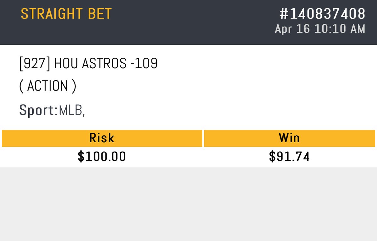 ⚾️MLB LUNCH MONEY PLAY⚾️

Astros ML -109

Lunch to 1 random like/rt if we cash❤️

Bet placed on <a href="/BetWolfBook/">Bet Wolf</a> 

#GamblingX #MLB #MrBigBets