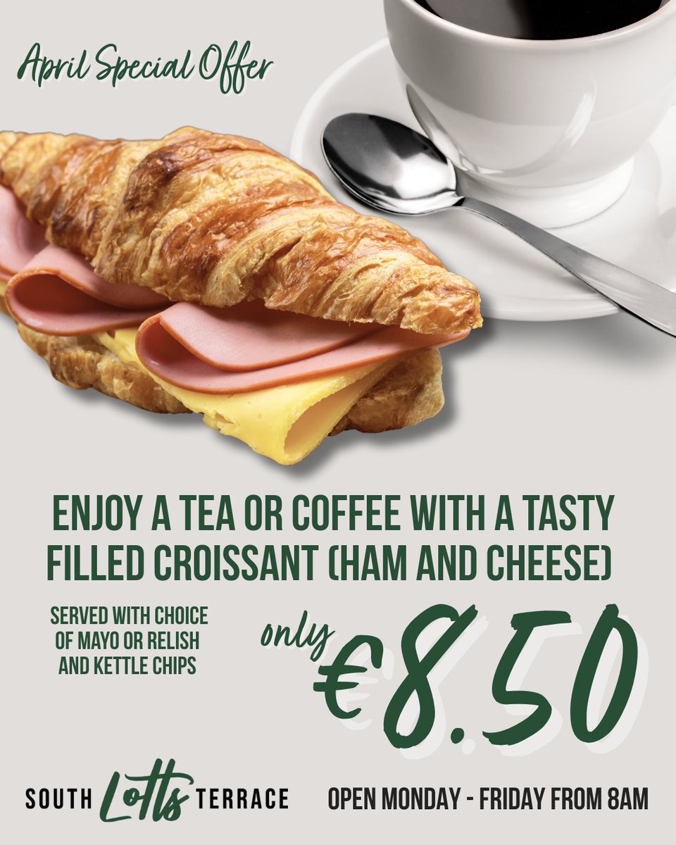 SouthLottsTerr's tweet image. 🔥 April Special Offer! 🔥

Treat yourself to a ham &amp;amp; cheese croissant + tea or coffee for just €8.50! 🥐☕

Served with mayo or relish &amp;amp; kettle chips—because treating yourself should be delicious!

📍 South Lotts Terrace | Open Mon-Fri from 8 AM
#SouthLottsTerrace #AprilSpecial
