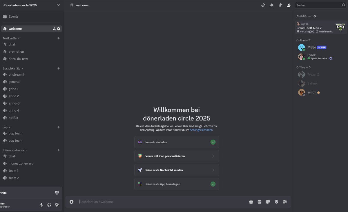 dönerladen circle 2025 everyone can join but we gonna kick out everyone who is not active. daily grind. we dont care about your achievs just be good and a grinder  
just dm <a href="/7vexy_/">simon</a> <a href="/syroxyaya10/">Syrox</a>