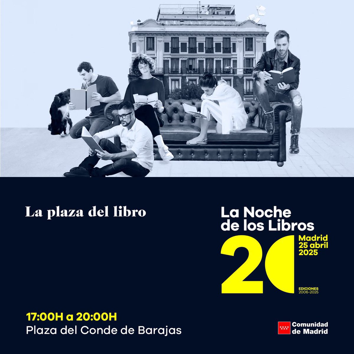ComunidadMadrid's tweet image. 🌓 La Comunidad de Madrid organiza La Plaza del Libro, con la que se intentará batir el récord de personas leyendo juntas de forma simultánea en #LaNocheDeLosLibros.

📆 Viernes 25 de abril.
👉 Plaza del Conde de Barajas.

#Los20deLNL

+Info: c.madrid/eoo0a