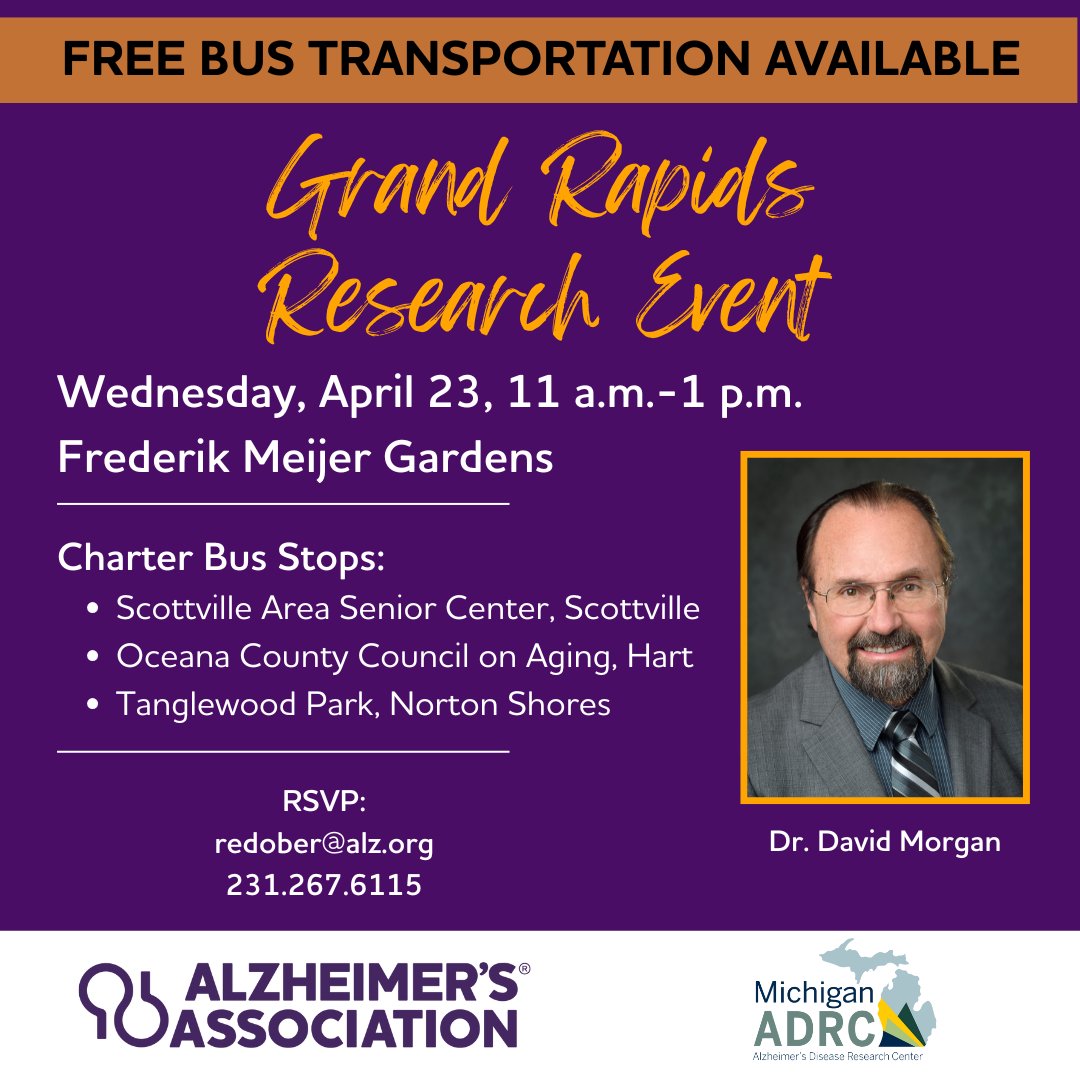 Alzheimer's Association Michigan Chapter (@alzmichigan) on Twitter photo Join us in Grand Rapids on Wednesday, April 23 to hear about the latest advancements in Alzheimerโs and dementia research! Free bus transportation is available!
This event will take place from 11 a.m.-1 p.m. at Frederik Meijer Gardens .
RSVP to redober@alz.org or 231.267.6115. Join us in Grand Rapids on Wednesday, April 23 to hear about the latest advancements in Alzheimerโs and dementia research! Free bus transportation is available!
This event will take place from 11 a.m.-1 p.m. at Frederik Meijer Gardens .
RSVP to redober@alz.org or 231.267.6115.